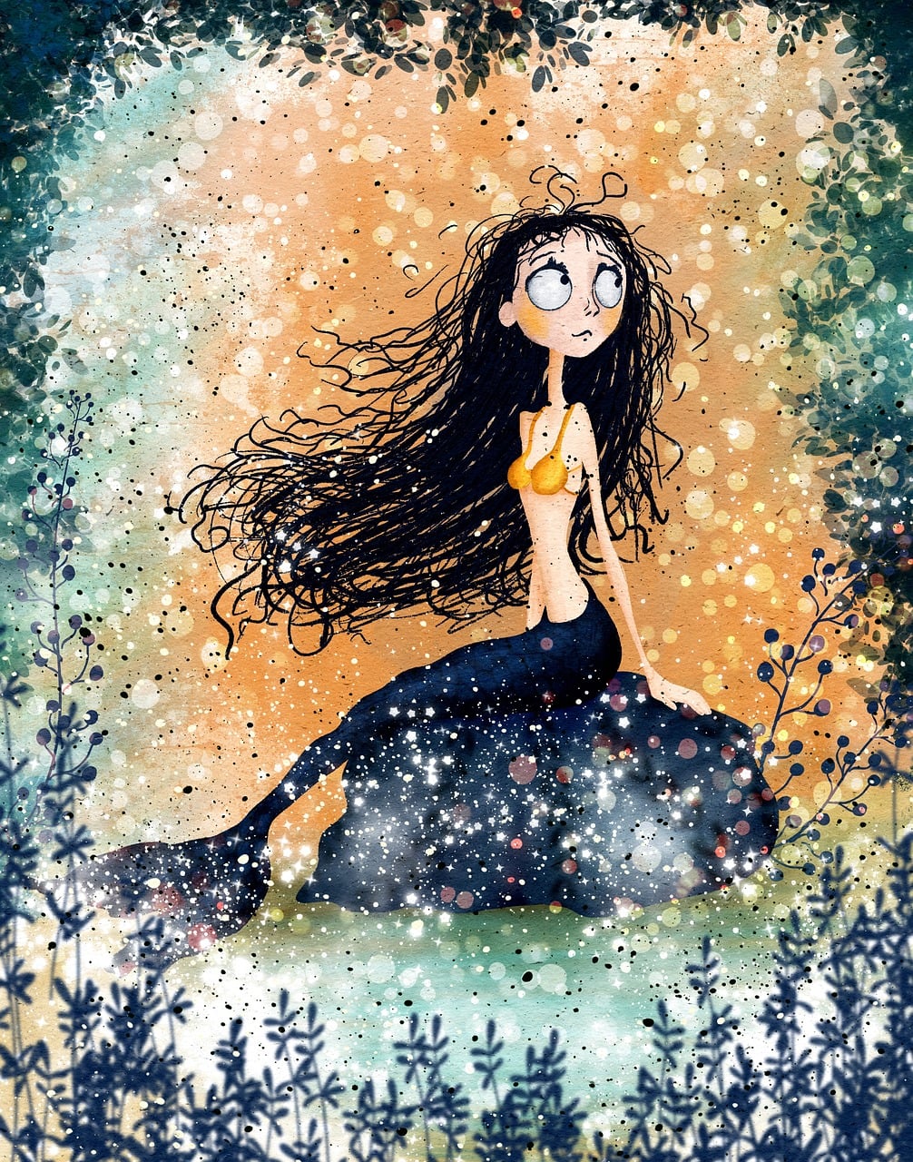 Moonlit figure with dark hair and textured starry background