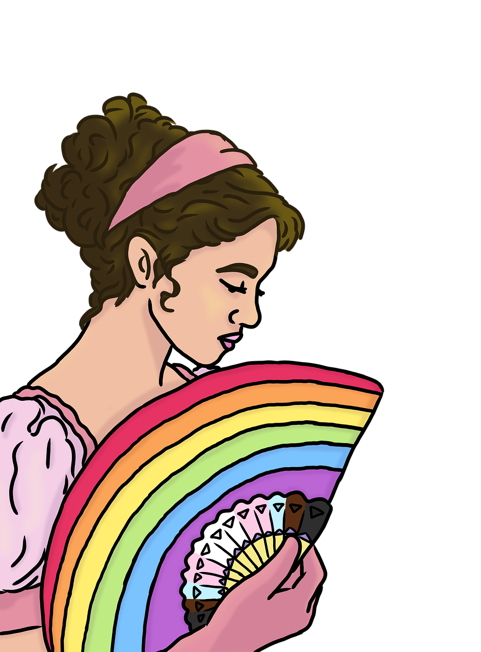 Illustrated figure reading a rainbow-colored fan