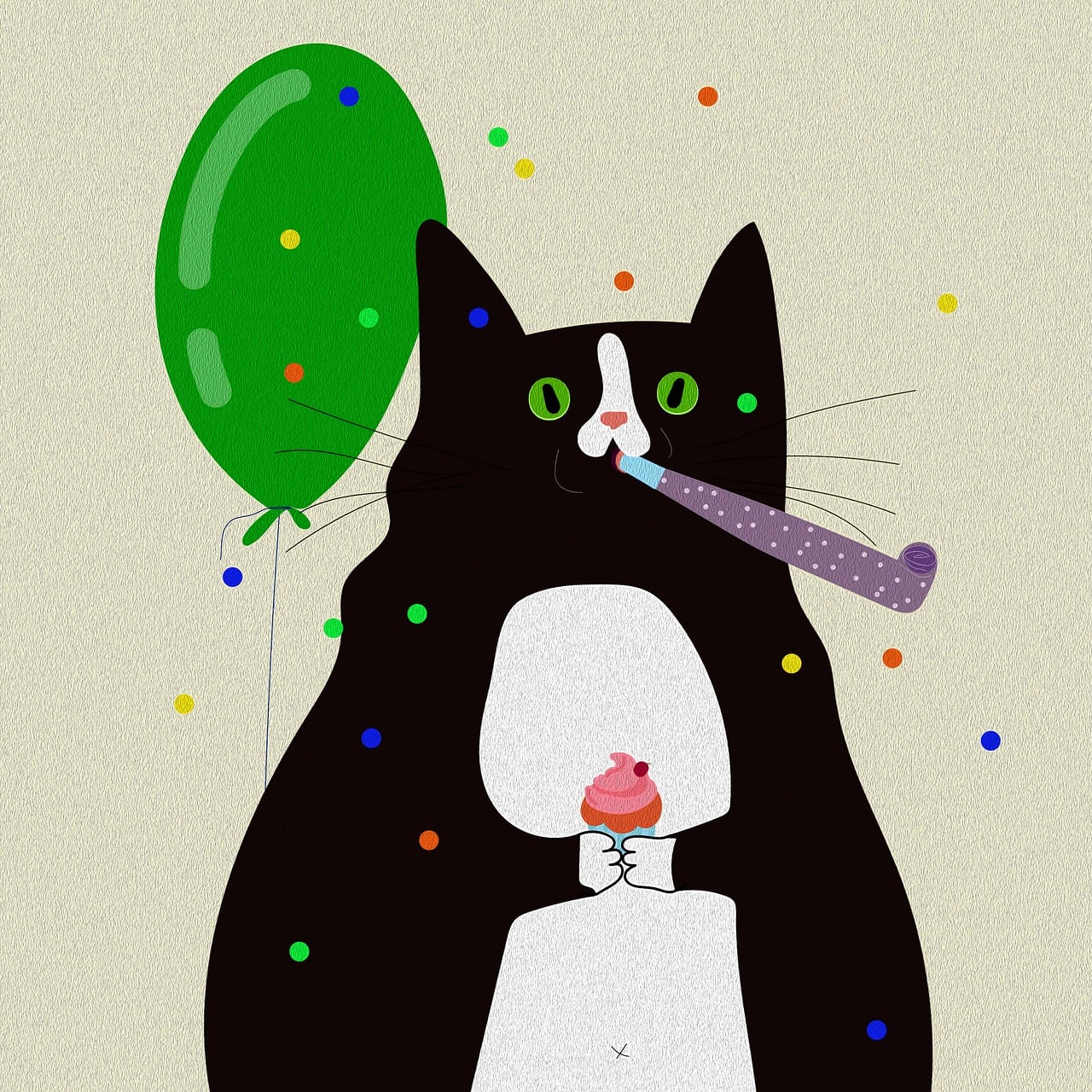 Black cat with party horn and green balloon