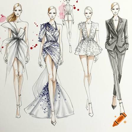 Fashion sketches in light neutrals and silver details